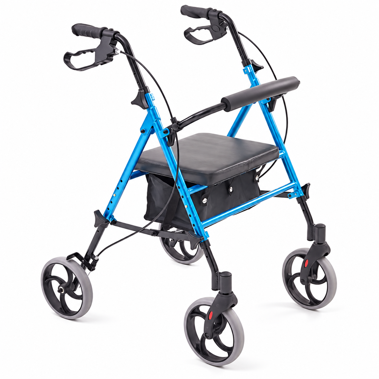 Blue height-adjustable rollator with seat and storage