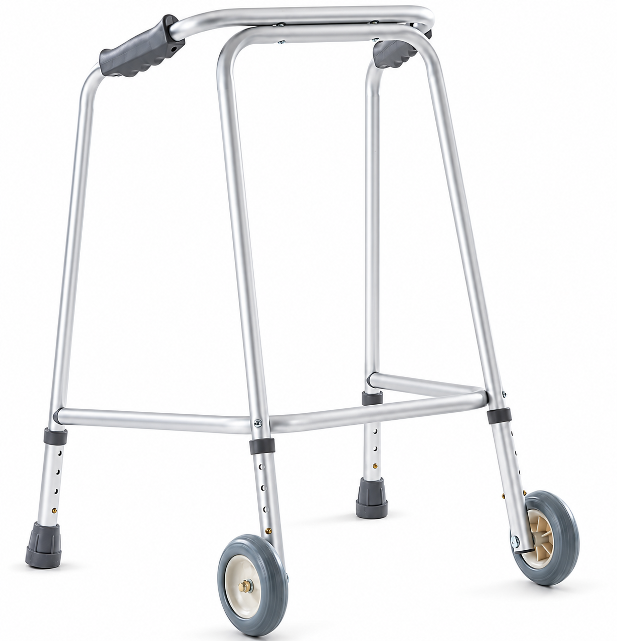 Height-adjustable indoor walking frame with front wheels