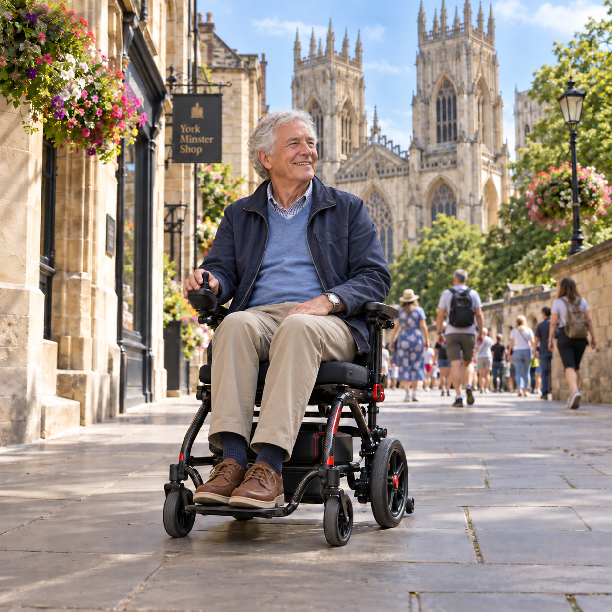 An older man enjoying a day out using a powerchair